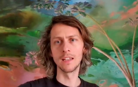Scottish contemporary artist Leo du Feu in front of his large acrylic on canvas painting titled Journey of a Space Goblin