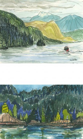 Port Hardy to Prince Rupert - a light, red boat passing, 7.5x10cm & 6.5x10cm
