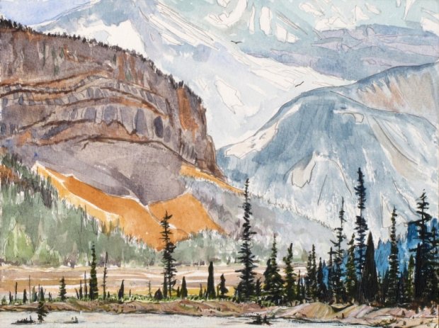 Sentinel trees on the Sunwapta River, Looking to Mount Kitchener, Canadian Rockies, 15x20cm