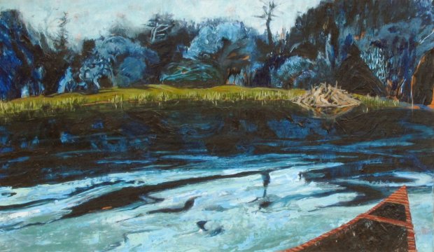 watching beavers at dusk, from our canoe, Killarney, 18x31cm