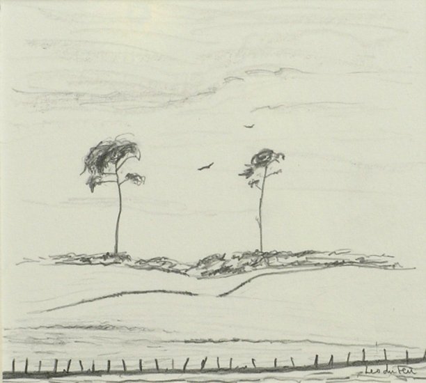 two silhouetted crows match two silhouetted trees, 10x11cm